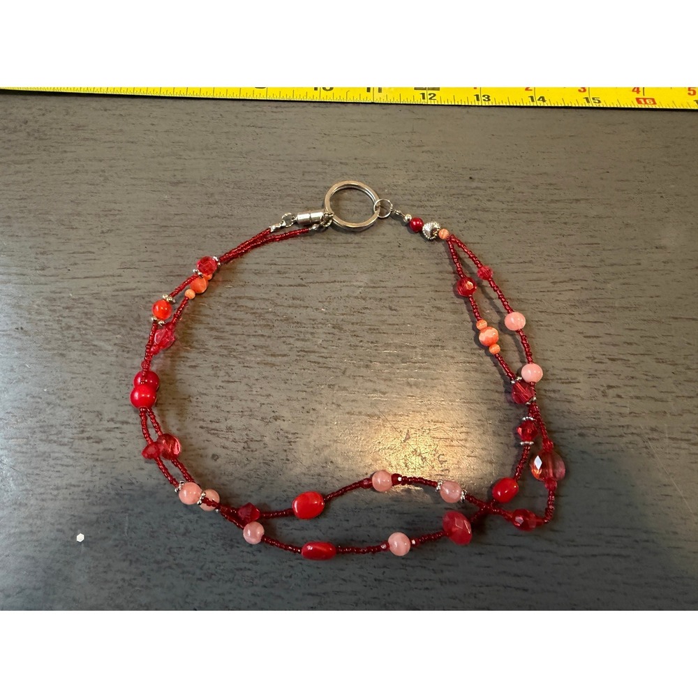 Red Pink Beaded Double Strand Lanyard Necklace Magnetic Clasp ID Badge Holder